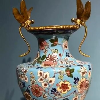 高温瓷纯铜法国蓝蜻蜓花瓶摆件