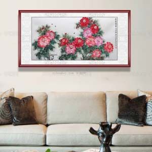 水墨国画 花开富贵 四尺横幅 典雅红褐实木框