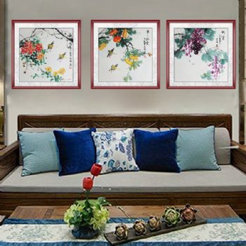 实力画家李林三尺斗方花鸟国画纯百分百手绘适合客厅大堂挂画实木框三联画