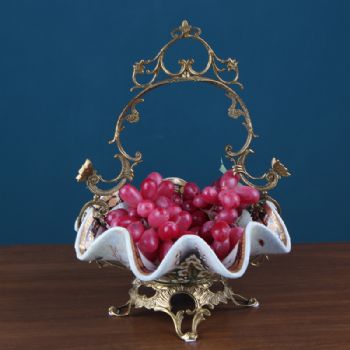 欧式创意波浪果篮陶瓷配铜果盘 家居客厅别墅样板房软装饰品摆件