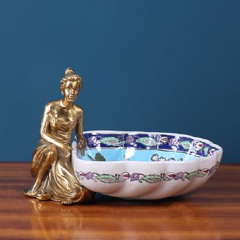 欧式客厅摆件茶几果盘陶瓷镶铜美式家居客厅创意天使果碟软装摆设