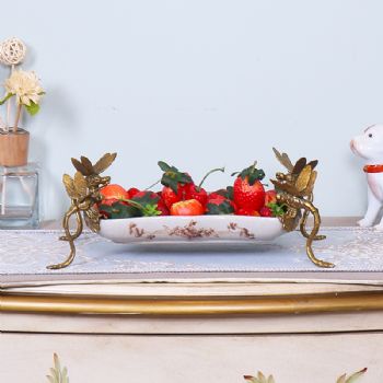 美式田园风陶瓷配铜蜻蜓水果盘 家居客厅装饰品茶几餐桌果碟摆件