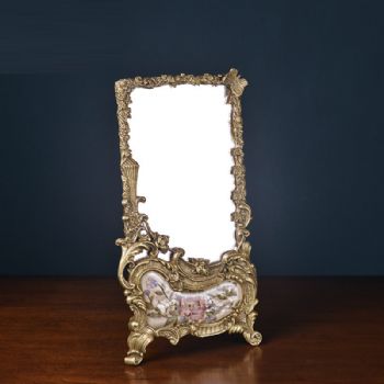 欧式铜镜复古梳妆台化妆镜子卧室仿古装饰品纯铜工艺品小台镜摆件