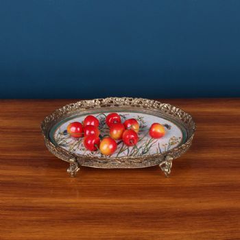 欧式复古陶瓷铜托盘创意家居软装样板房客厅茶几果盘茶盘饰品摆件