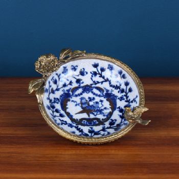 中式青花瓷干果碟 陶瓷配小鸟纯铜装饰碟家居日用钥匙扣收纳摆件