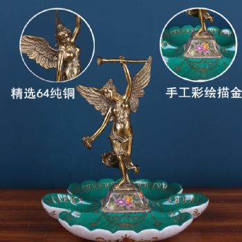 欧式干果碟摆件 彩绘陶瓷镶铜铜果盘复古客厅天使装饰品软装陈设