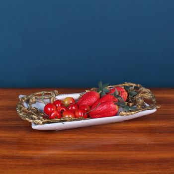美式家居饰品水果盘 复古陶瓷配铜长方形糕点盘客厅餐桌软装摆件