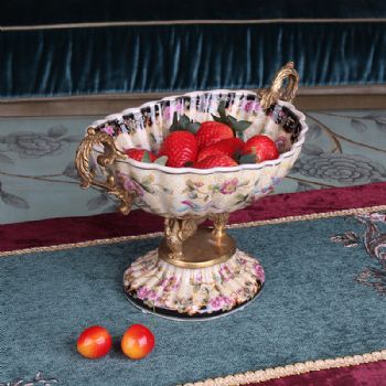 欧式手绘陶瓷加铜果盘 家居客厅果盆别墅轻奢饰品装饰摆件批发
