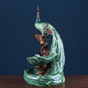 中式创意陶瓷镶铜孔雀双层干果盘简约家居饰品装饰客厅玄关工艺品