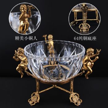 新古典创意内雕水晶镶铜果盘天使纯铜艺术工艺品家居豪宅软装摆件
