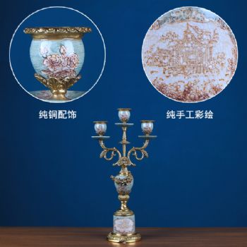 欧式复古三头烛台供佛陶瓷配铜工艺品 家居客厅玄关壁炉装饰摆件
