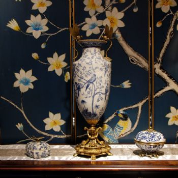 欧式高身装饰花瓶 陶瓷蜻蜓铜花插工艺品家居软装花艺装饰摆件