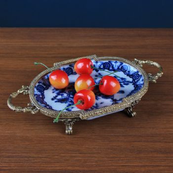 欧式仿古做旧陶瓷配铜首饰盘 家居饰品客厅玄关钥匙扣收纳盘摆件