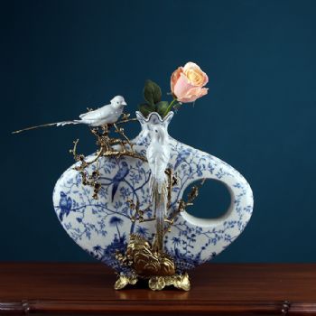 欧式创意喜鹊花插瓶陶瓷配铜工艺品别墅会所家居客厅玄关装饰摆件