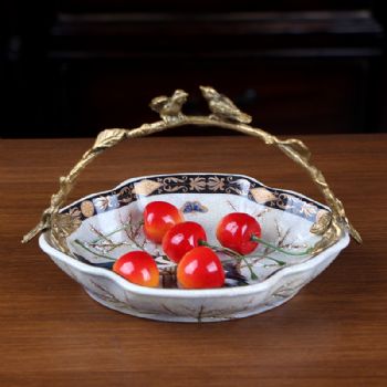 美式创意小提篮干果盘糖果碟陶瓷家居饰品客厅茶几钥匙盘收纳摆件