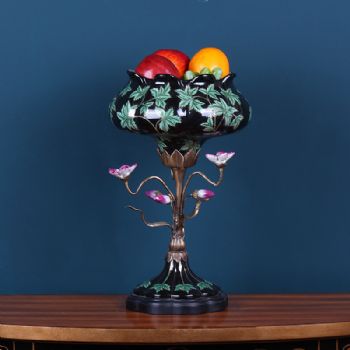 欧式创意高脚花盆彩绘陶瓷配铜 家居饰品瓷器奢华摆件样板房软装