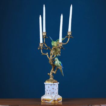 欧式家居装饰品彩绘鹦鹉烛台 陶瓷镶铜工艺品样板房软装乔迁礼品