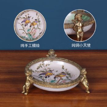 欧式创意烟灰缸陶瓷配铜工艺品复古家居软装饰品客厅茶几烟碟摆件