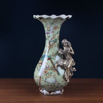 美式乡村纯手工陶瓷配铜花瓶工艺品 家居饰品花插器摆件艺术软装