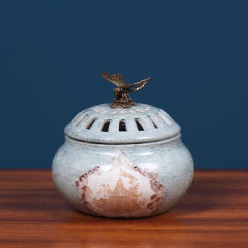欧式镂空香薰炉工艺品 彩绘陶瓷镶铜檀香炉摆件家居饰品桌面软装