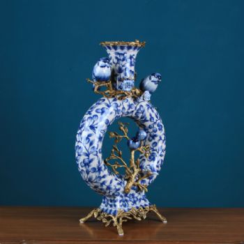 美式陶瓷配铜摆件玄关月亮瓶工艺品 手绘家居饰品样板房软装器皿