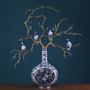 欧式创意小鸟树枝艺术瓶样板房家居饰品陶瓷配铜别墅玄关软装摆件