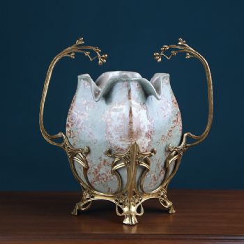 欧式复古彩绘瓷器花瓶 陶瓷纯铜花插家居饰品客厅电视柜玄关摆件