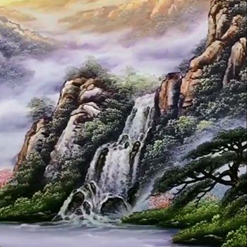 圆形风景画纯手绘山水风景画新中式风水油画适合客厅的风景油画