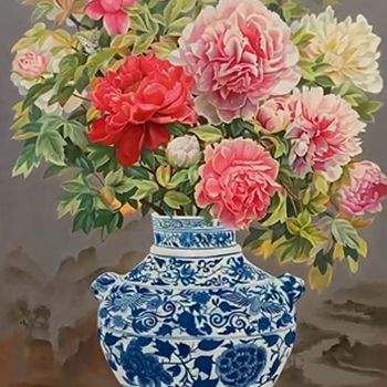 实力画家黄荣梅纯手绘写实花卉油画牡丹图新中式油画