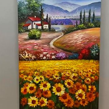 纯手绘美式风景油画花海向日葵田园风光景物油画大写意风景画