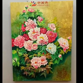 新中式花开富贵牡丹小写意花鸟油画纯手绘油画客厅挂画实木画框