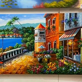 纯手绘手工精美风景油画托马斯油画蓝色海边优美舒适风景油画