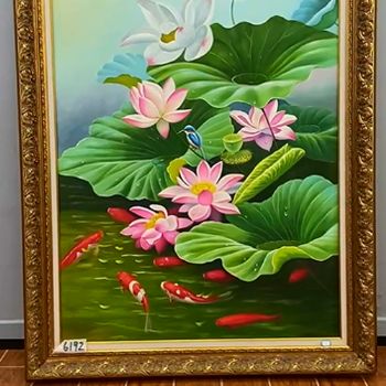 写实花鸟油画荷花与九鱼图寓意和和美美家大业大纯手绘写实油画