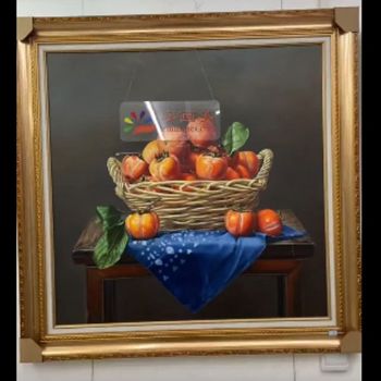 写实静物油画纯手绘油画好事一箩框柿子图