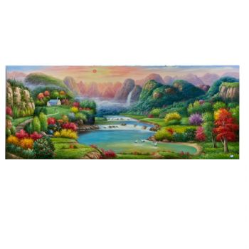 新中式寓意丰富山水聚宝盆风景油画旭日东升仙鹤延年