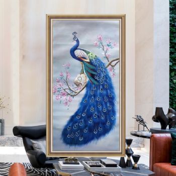 立在枝头上的孔雀中式油画寓意为出人头地玄关竖版油画客厅装饰画手绘油画孔雀挂画