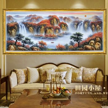 中式手绘油画 山水画 油画风景 聚宝盆 风水油画 适合客厅的挂画 实木画框