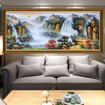 纯手绘油画 实木外框 丰富寓意 客厅油画 山水风景画 中式风水油画 有人家小桥流水 有白鹤 聚宝盘