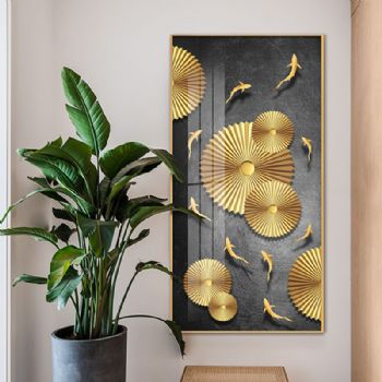 金色九鱼图高档轻奢晶瓷装饰画铝合金框现代简约客厅样板房抽象玄关走廊挂画