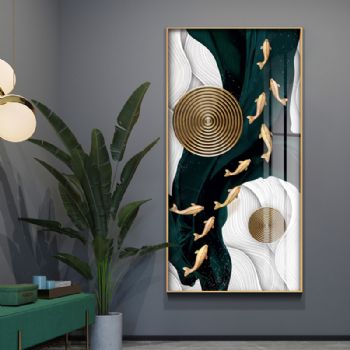 玄关装饰画九鱼图竖版轻奢挂画走廊过道壁画现代简约客厅晶瓷画