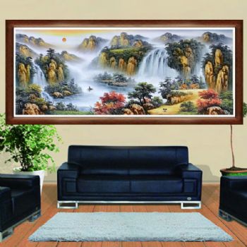 适合酒店大厅的精品手绘油画中式油画油画风景画聚宝盆油画实木外框