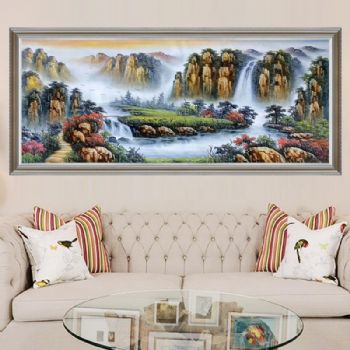 餐厅酒店大厅挂画精品手绘油画支付大小订制风景画中式聚宝盆风水油画实木外框