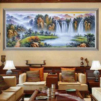 中式油画手绘聚宝盆油画风景油画实木外框适合大厅画酒店挂画办公室会议室挂画