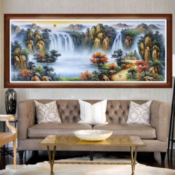 山青水秀中式油画手绘大幅客厅油画风水画实木外框油画风景画