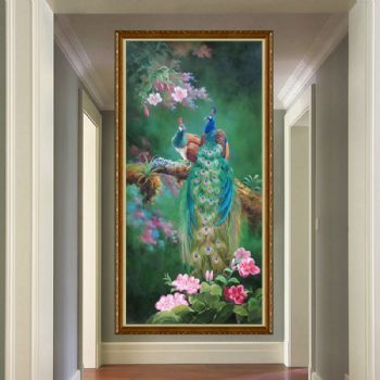 手绘油画两支孔雀立枝头寓意特别好夫妻恩爱事业蒸蒸日上客厅样板房玄关走廊挂画