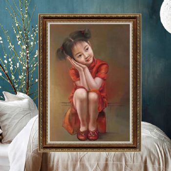 中式油画 手绘人物油 儿童油画 小女孩形象写实人物油画 玄关挂画 家庭装饰画