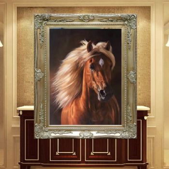 精品写实手绘油画 骏马图 写实马头油画 领航者的象征 实木角花框 适合办公室挂画