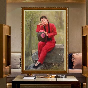 手绘油画 中式油画 人物画 女儿红与酒 写实油画 美女油画 美女油画 实木外框
