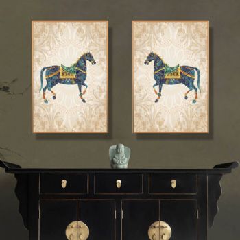 现代简约爱马仕吉祥富贵双马图高档轻奢晶瓷画装饰画铝合金框客厅样板房抽象玄关走廊挂画