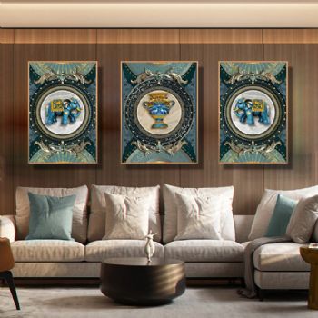 艺术高档爱马仕大象风水轻奢晶瓷画水瓶装饰画铝合金框客厅三联画挂画